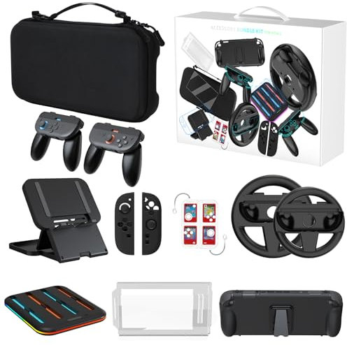 Yaskyly 15-in-1 Switch 2 Accessories Bundle Gift Kit for Switch 2 With Carrying Case, Protective Case, PlayStand, 2 Steering Wheels, Joycons Charging Dock, Screen Protector, 2 Joycons Grip, TPU Case
