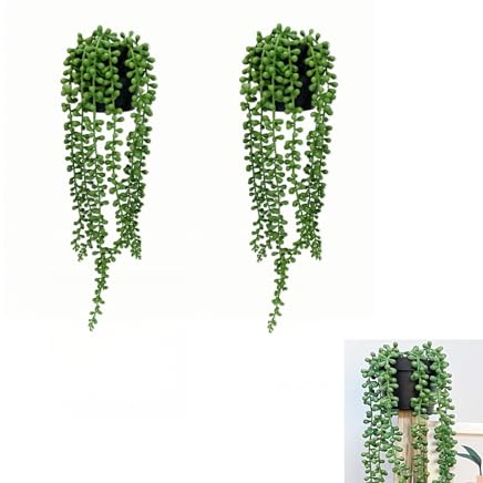 KISPATAI Artificial String of Pearls Hanging Plants 2PCS Faux Succulent | 2 faux string of pearls plants, ideal for shelves, walls, windowsills, cafes, offices, balconies and home decor.