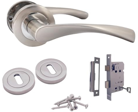 Epsom Duo Twist Door Handle with 3 Lever Sash Lock & Escutcheon – Satin & Chrome Internal Door Handles | Modern Lever on Rose Privacy Lock Set for Bathroom, Bedroom & Interior Doors