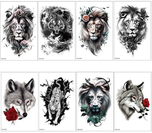 SSyang 8 Feuilles Tatouage Temporaire, Tatouage Ephemere Forme de Tigre Lion Loup, Faux Tatouages pour Adultes, Tatouages Preuve de l'eau Temporaires Autocollants Réalistes, pour Hommes et Femmes