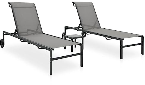 Mandloder Sonnenliegen Set 2 STK. mit Beistelltisch, Textilene & Stahl, verstellbare Rückenlehne, Rollen, Gartenliegen für Terrasse, Pool, Strand, Relaxliegen, Liegestühle Outdoor, Grau
