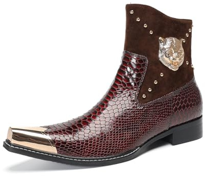 Yhsdfcn Stivaletti Chelsea di Lusso e Stivali Eleganti da Uomo in Pelle Verniciata Pitonata e Camoscio, con Punta in Metallo Dorato e Cerniera Laterale,Rosso,39 EU