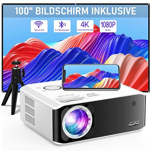Smart Mini Beamer 4K kompatibel mit Netflix & Dolby Audio, XuanPad 30000 Lumen Beamer mit TOF Autofokus & Trapezkorrektur, WiFi6 & Bluetooth, 210° Heimkino/Outdoor Bordeauxrot Projektor für Handy/PC