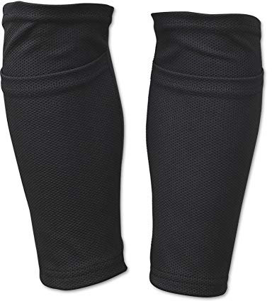 QEES Schienbeinschoner Fußballsocken Schwarz Wadenärmel mit Tasche, Abriebfest Komfort Atmungsaktiv für Den Anfänger oder Elite Athlet WZ10 (Kinder)