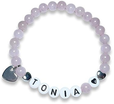 Majas Perlen Armband mit Namen Rosenquarz Herzen echt platiniert - echte Edelsteine Aventurin Tigerauge Amazonit uvm. zur Auwahl - Geschenk Liebe Geburt Baby Erinnerung - Handmade Personalisierbar