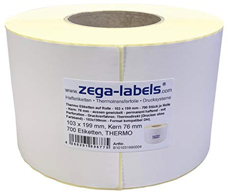 Thermo Etiketten auf Rolle - 103 x 199 mm - 700 Stück je Rolle - Kern: 76 mm - für Versandetiketten DHL - permanent haftend - mit Perforation - Druckverfahren: Thermodirekt (Drucken ohne Farbband)