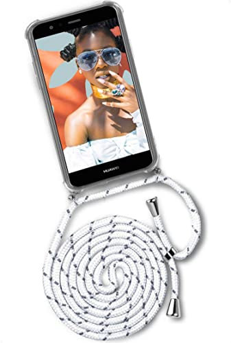 ONEFLOW Handykette für Huawei P10 Lite Hülle mit Band, Handyhülle mit Kette abnehmbar, Handyband zum Umhängen, Handy Umhängeband Lange Handykordel, Twist Case – Weiß Silber