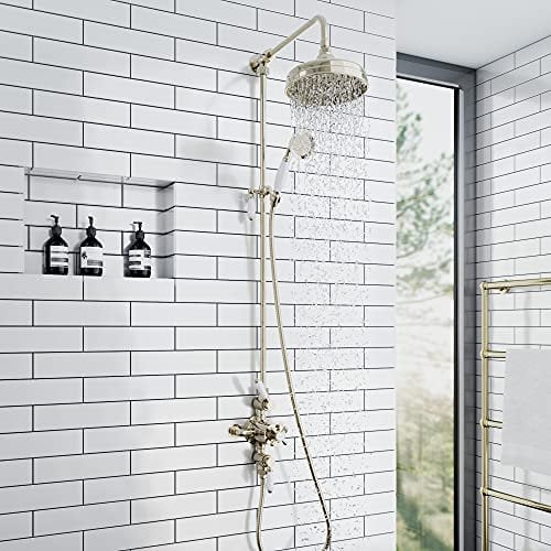 ENKI, Downton, SH0177, Shower Set with 2 Shower Head outlets, Triple Thermostatic Shower Valve, Gold Shower Tap Attachment for Bathrooms Showers, Traditional Shower Set