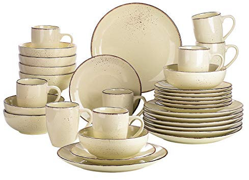 vancasso Kombiservice Set, Navia Geschirrset aus Steingut, 32 teilig Tafelservice, Vintage Aussehen, Natur Design, beige gelb