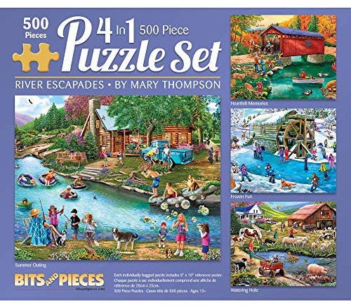 Bits and Pieces River Escapades Multipack 4-in-1-Puzzle-Set, 500-teiliges Puzzle für Erwachsene, jedes Puzzle misst 46 cm x 61 cm, Landwasser-Szenen-Puzzles von Künstlerin Mary Thompson