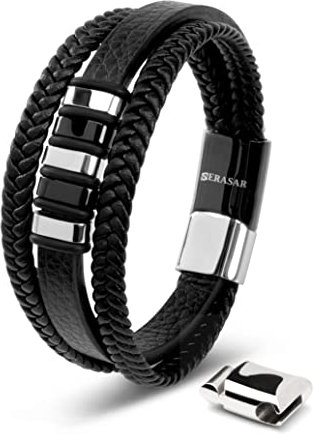 SERASAR Herren Armband 20cm Silber Männer Leder Armreif Lederband Herrenarmreif Armschmuck Schmuck Herrenschmuck Armkette Flecht Wickelarmband Armbändchen Bracelet