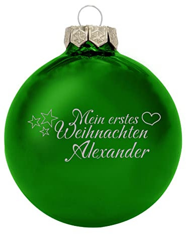 Deitert Weihnachtskugel mit Wunschtext Gravur, Ø 8cm, personalisierte Christbaumkugel aus Glas (glänzend), Individueller Weihnachtsbaumschmuck Namen oder Spruch, Mein erstes Weihnachten, grün