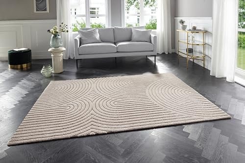 Elle Decoration Panglao moderner Hochflor Teppich - Wohnzimmerteppich Flauschig – Hoch-Tief Skandi Boho Style Wellen - für Wohnzimmer, Schlafzimmer, Küche, Flur - Creme Beige, 160x230cm