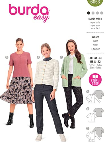 Burda easy Schnittmuster #6053 Damen Jacke mit Rundhalsausschnitt in 3 Varianten Gr. 34-48 mit Anleitung (Nählevel 1)