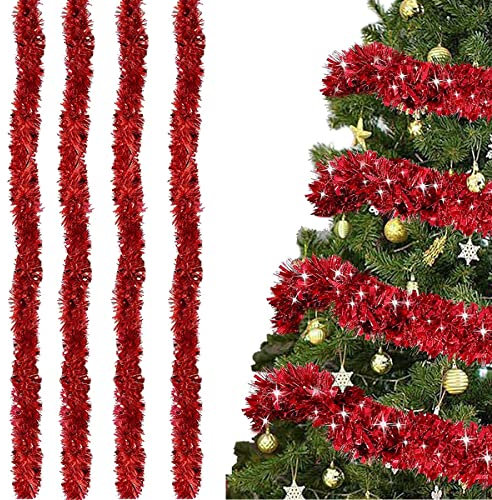 SUNCHE 4 Stück Weihnachten Lametta Girlande, Weihnachten Lametta Glänzend, Weihnachten Deko Lametta, 2m Glänzend Lametta Girlande, Dekoration für Weihnachtsbaum Weihnachtsfeier Geburtstagsparty, Rot