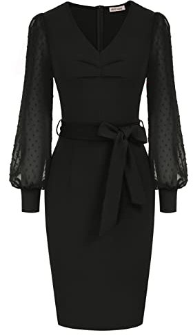GRACE KARIN Women 50s Vintage Elegant Dresss Long Sleeve V-Neck A-Line Bodycon Bridemaid Cocktail Dress Black L