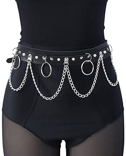 Punk Leder Taillenkette Schwarz Leder Taillenkette Punk Bauchkette Leder Gürtel Gothic mit Ketten Verstellbare Punk Schwarz Leder Körperzubehör Rave Festival Sexy Gürtel für Frauen und Mädchen