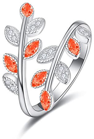 praymos 925 Sterling Silver Dainty Leaf Rings Rainbow Adjustable Open Ring for Women Cubic Zirconia Tree Jewelry for Women(C04-Orange Red Ring)