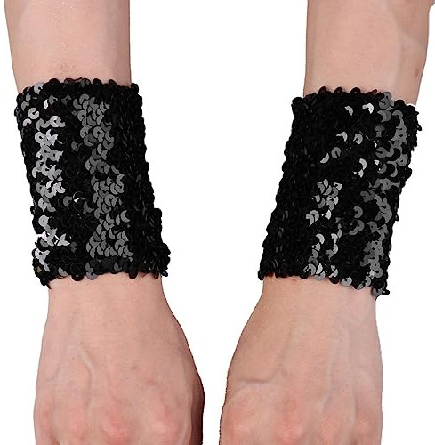 MSemis 1 Paar Damen Glänzende Pailletten Handschuhe kurz Fingerlose Armstulpen Abnehmbarer Wrist Stulpen Stretchy Manschetten Performance Cosplay Kostüm Schwarz Einheitsgröße