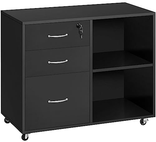 Abician Caisson de Bureau, Meuble Rangement de Dossiers avec 3 Tiroirs, 2 Compartiments Ouverts, 5 roulettes, Serrure, 80×40×65,5cm, pour Format A4, Documents, Lettres, Support d'imprimante Noir
