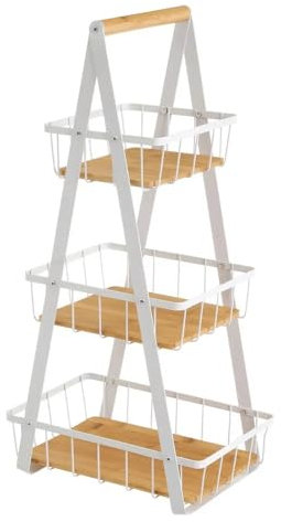 Frutero de 3 pisos de metal y bambú natural estilo nordico para cocina (Blanco)