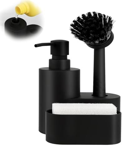 WAVATA Organizador de fregadero negro, dispensador de detergente para cocina con esponjas y enjuague, organizador de cocina, dispensador de jabón para cocina, almacenamiento y organización, accesorio