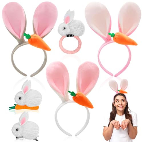 Lets Joy Ostern Hasenohren Haarreifen, 3 Stück Ostern Hasenohren für Kinder Erwachsene, Hasenohren Haarreif Kinder Erwachsene mit 3 Hasen Haarspangen Haargummis, Ostern Karneval Zubehör
