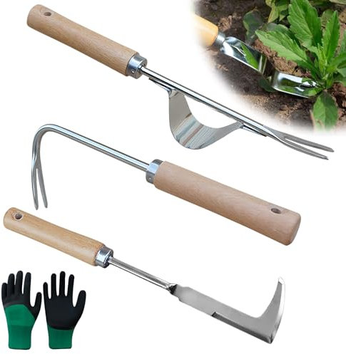 Leikurvo 3 Stück Hand Weeder unkrautgabel Jäter Werkzeug Gartengerät, Unkrautgabel mit Holzgriff Unkrautgabel Edelstahl,Wurzeljäter Unkrautgabel für Garten zum Graben, Umpflanzen, Jäten