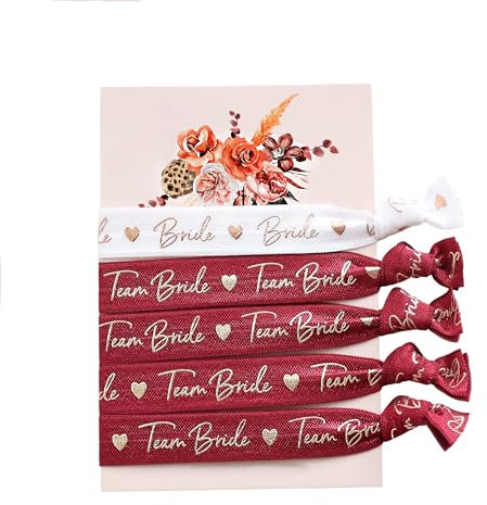 heaven+paper JGA Armbänder Rot Team Bride Deko (Set 5x JGA Armband) Edle JGA Deko Frauen (extra weich) Jungesellinnenabschied Frau Deko weinrot - gestaltet in München - Für 4 + Bride to be