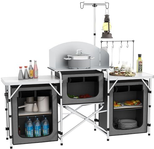 Outsunny Mueble Cocina Camping Armario Camping Plegable con Mesas Armarios Ganchos Estructura de Aluminio Poste de Luz Ajustable Paravientos y Bolsa de Transporte para Acampada 172x48x119 cm Gris
