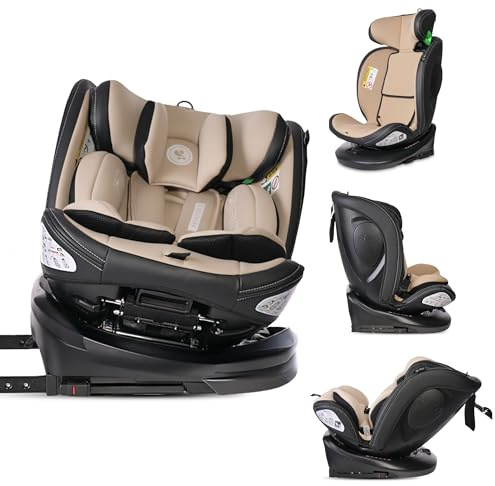 Lorelli Auto Kindersitz Aviator, Mitwachsender Autositz mit Isofix i-Size 40-150cm - Gruppe 0+/1/2/3 (0-36 kg), Babysitz ab Geburt, 360 Grad drehbar, 5-Punkt-Gurt, Einstellbare Kopfstütze, beige