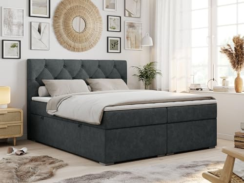 MKS MEBLE Boxspringbett 140x200 cm mit Matratze und Topper T25, Boxspringbett mit Bettkasten und Kopfteil - Alda - H3 Dunkelgrau Strukture