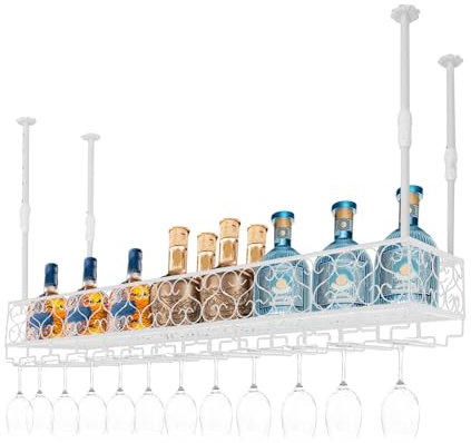 Loohacp Weinregal Wand mit Glashalter, Weinregal für die Deckenmontage Hängendes Weinregal 120cm, Wandmontage Weinregal für Küche, Zuhause Weiß