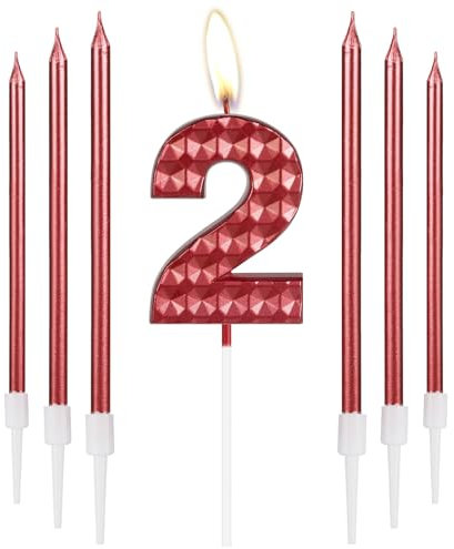 2nd Birthday Decorations - Red 3D Candle Cake Topper for Girls & Boys Birthday Party & Wedding Anniversary