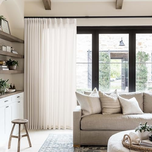 Pinch Pleat Linen Sheer Curtains 96 Inches Long 100 Inch Wide for Patio Sliding Door Light Filtering Semi Sheer Pleated Drapes Back Tab Cream Ivory Extra Wide 100 x 96 Curtain for Living Dining Room