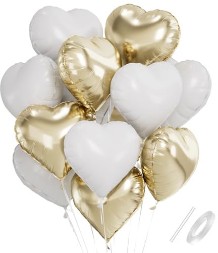 Herzluftballons Weiß Gold, 18 Zoll Herz Folienballon Gold Weiß, Herzballons Hell Gold Weiß, Herz Luftballons Hochzeit Helium Set, Ballons mit Herzform für Geburtstag,Valentinstag, Hochzeitsfeier