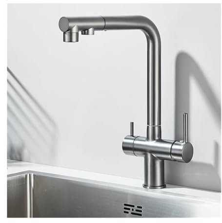 FSBNMNXPQ Filter Küchenarmatur mit Zwei Griffen an Deck montiert herausziehbarer Mischbatterie 360 ​​Grad Drehung Wasseraufbereitung(Grey)