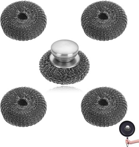 5Pcs Scourer With Handle Stainless Steel Scrubber Cleaner, Scourers Pad Ball Spiral Steel Scrubber Premium Easy Grip Metal Scourer Specialist Durable Steel Wool Scrubber Wire Wool for Cleaning