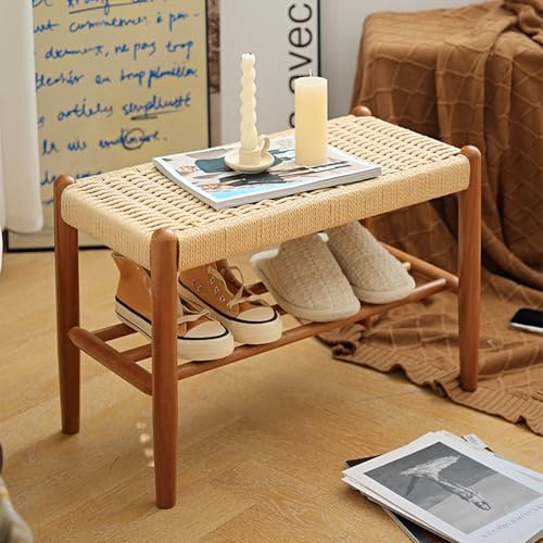YVZYLXH Sitzbank Holz,Schuhregal,Schuhschrank mit Sitzbank,Rattan Sitzbank mit handgewebtem Seil,armlosem Design,Midcentury-Bank für das Fußende des Bettes,Geflochtene Schuhbank(80X30X40CM)