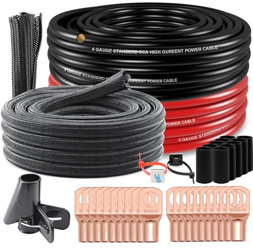 Taigoehua 100FT 4 Gauge Wire (25ft Each- Black/Red) Copper Clad Aluminum CAA,with 50ft - 1/2 inch Cord Protector Cable Split Sleeving+4ga lugs and Heat Shrink Tube, Self Adhesive Mounts Zip Ties kit