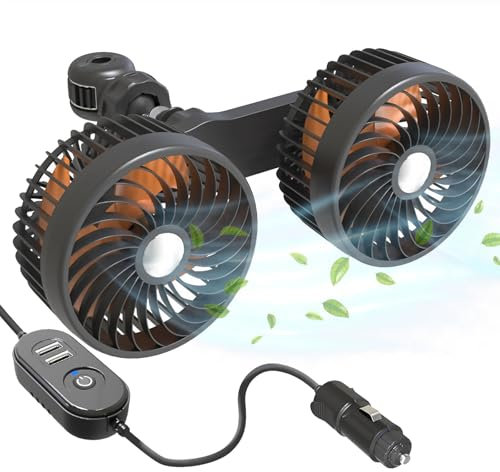 Ventilador de coche para asiento trasero de 12 V/24 V, doble cabeza con USB y encendedor de cigarrillos, ventilador silencioso portátil de 360 °, ventilador para encendedor de cigarrillos para SUV