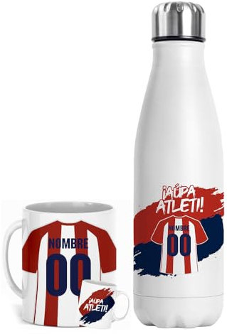 Set Taza y Botella Térmica Personalizada Fútbol | Regalo Original para Aficionados del Fútbol | Regalo Camisetas Equipos Futbol | Termo Acero Inoxidable Doble Capa 500 ml (A. Madrid)