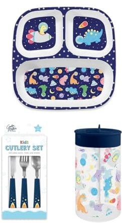 Kids Space Dinosaur Dining Set, 3 Piece Cutlery, Divided Plate and 450ml Straw Bottle, Navy Blue Planets T-Rex, Bowl, Boys