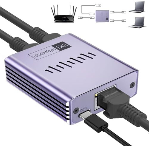 Obllemn Ethernet Splitter 1 a 2, Duplicador Ethernet, Duplicador RJ45, Divisor Ethernet RJ45, Ladron Ethernet con Cable Type-C, Splitter Ethernet para Ordenador, HUB, Router, Set-Top, TV y Otros