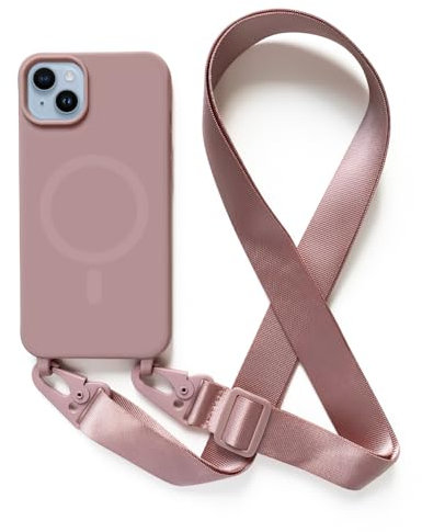 Leather Armor Coque avec Cordon pour iPhone 14(6.1).Compatibilité Chargeur sans Fil.Silicone avec Cordon Case,Couleur Solide-Rose