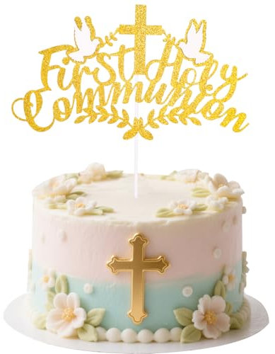 Tinoaly First Holy Communion Cake Topper, Paper Christening Baby Shower Party Decorations My First Communion Cake Decor Confirmation Party Supplies Holy Celebration (Gold Glitter)