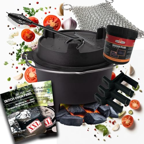 Grillfürst Dutch Oven BBQ DO 6 (ca. 6 Liter) - mit 35cm Deckelheber, Abstandshalter, Ringreiniger, Pflegepaste + 2x Dutch Oven Fibel XXL