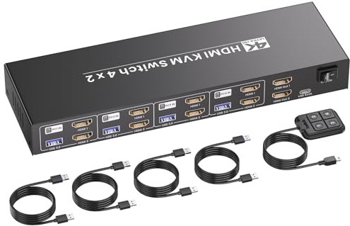 HDMI KVM Switch 2 Monitors 4 Computers, USB 3.0 4K@60Hz Dual Monitor HDMI KVM Switch for 4 PCs to Share 1 Set of Keyboard, Mouse, Two Monitors and Other USB Devices
