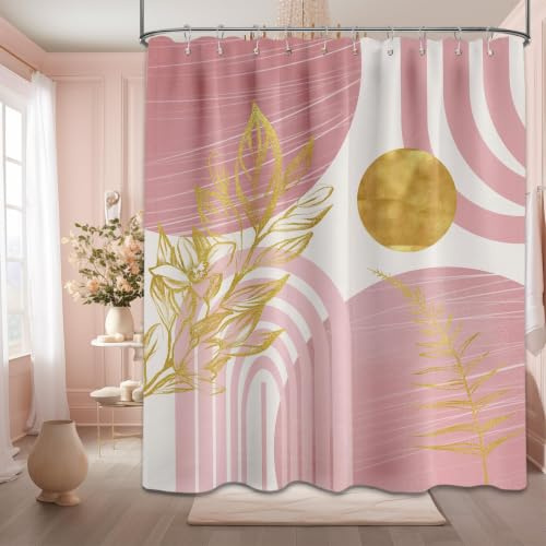 QGHOT Blush Pink and Gold Shower Curtain Boho Mid Century Light Pink and White Shower Curtains for Bathroom Decor, Waterproof Cloth Fabric with Hooks, 60 W x 72 L