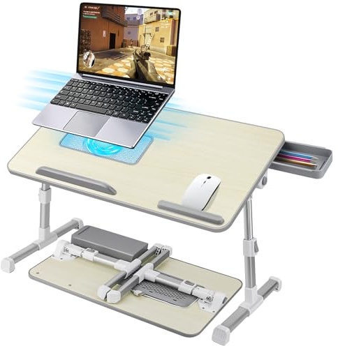 AirOpen Laptoptisch fürs Bett, Höhenverstellbar, Winkelverstellbar, Betttisch Klappbar mit Laptop Kühler, Schublade, Laptop Tisch für Bett, Sofa, Couch, Boden (53 x 30 cm, Beige)